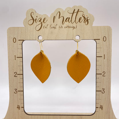 Mustard Pinched Petal Leather Drop Dangle Earrings