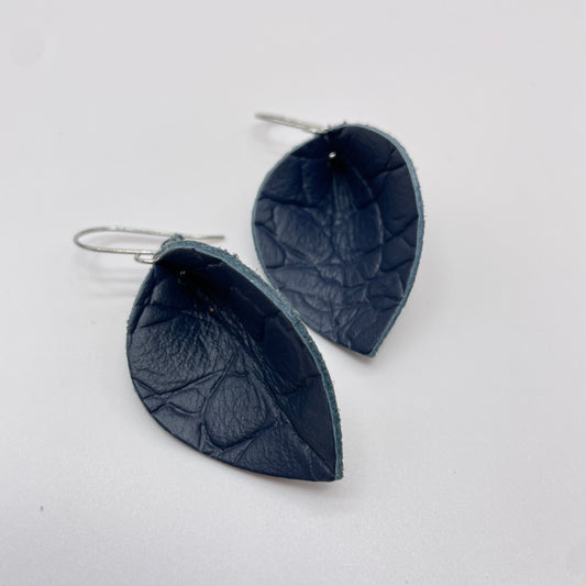 Navy Blue Pinched Petal Leather Drop Dangle Earrings