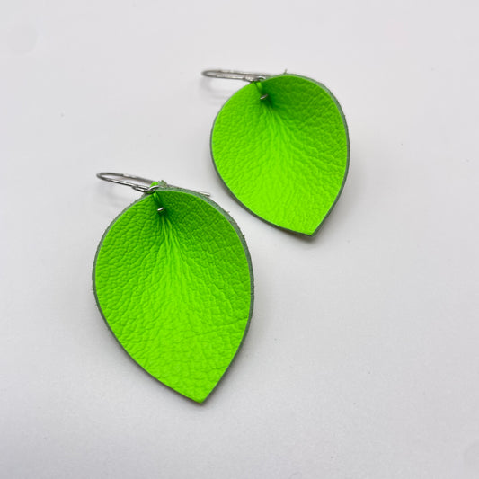 Neon Green Pinched Petal Leather Drop Dangle Earrings