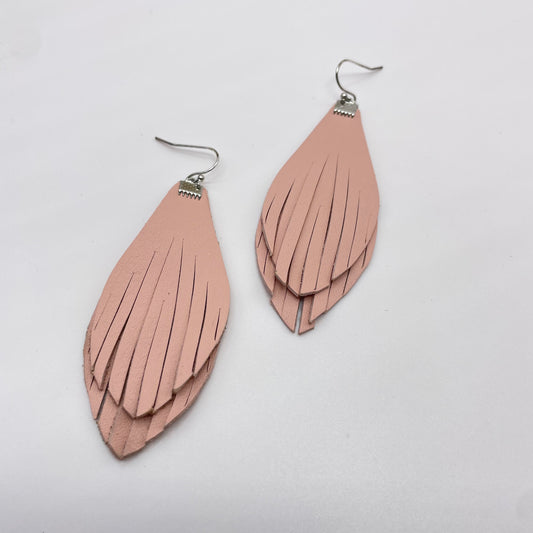 Neutral Pink Feather Leather Drop Dangle Earrings