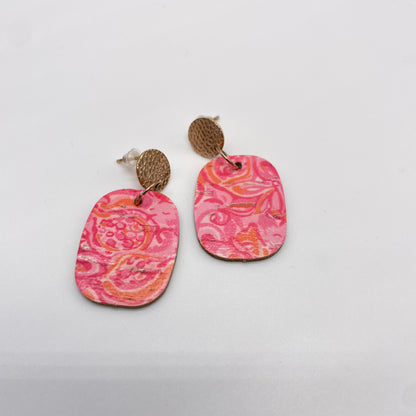 Pink Oil Spill Gold Circle Leather Drop Dangle Earrings