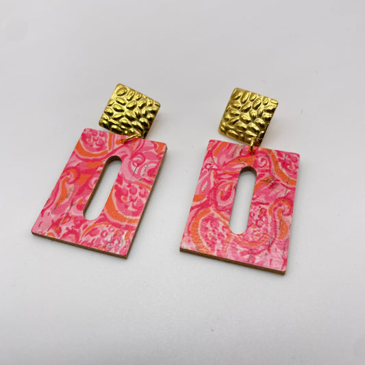 Pink Oil Spill Gold Diamond Leather Drop Dangle Earrings