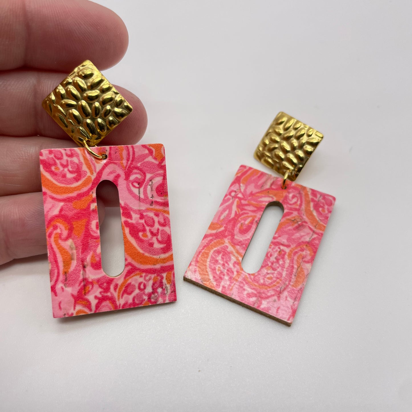 Pink Oil Spill Gold Diamond Leather Drop Dangle Earrings