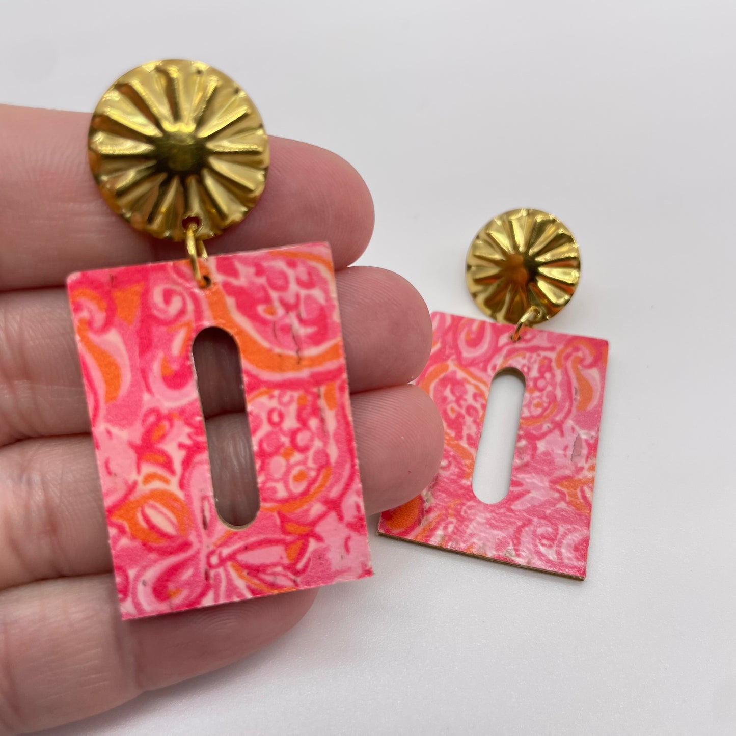 Pink Oil Spill Gold Flower Leather Drop Dangle Earrings