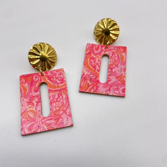 Pink Oil Spill Gold Flower Leather Drop Dangle Earrings