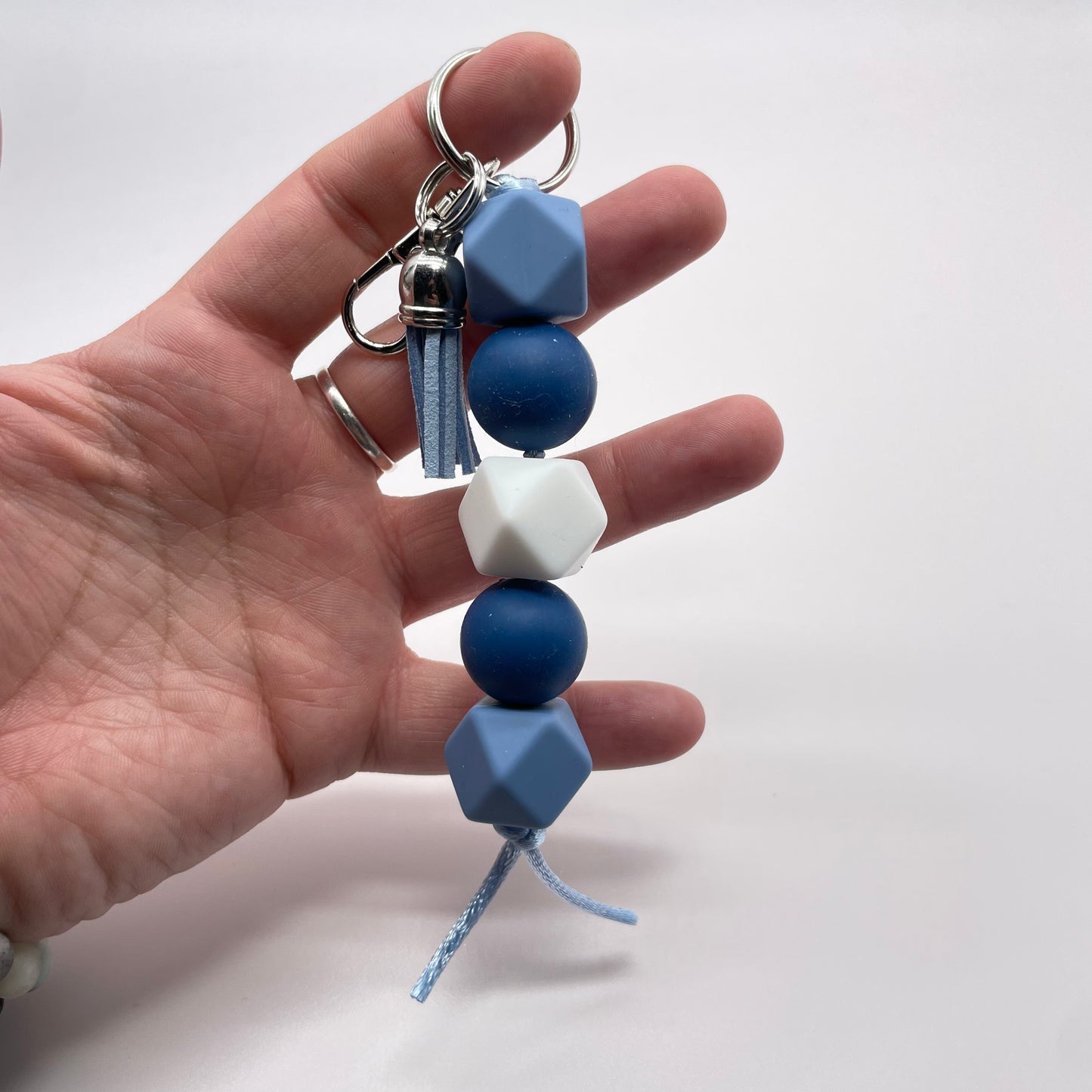 Powder Blue + White Hexagon Silicone Bead Keychain
