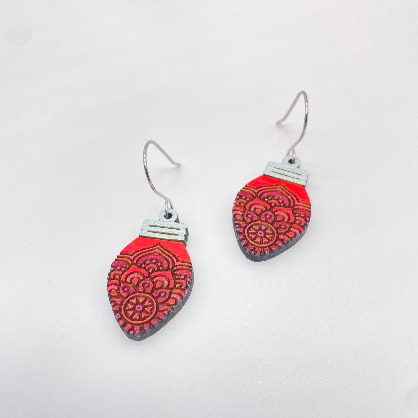 Christmas Bulb Zentangle Red Drop Dangle Earrings