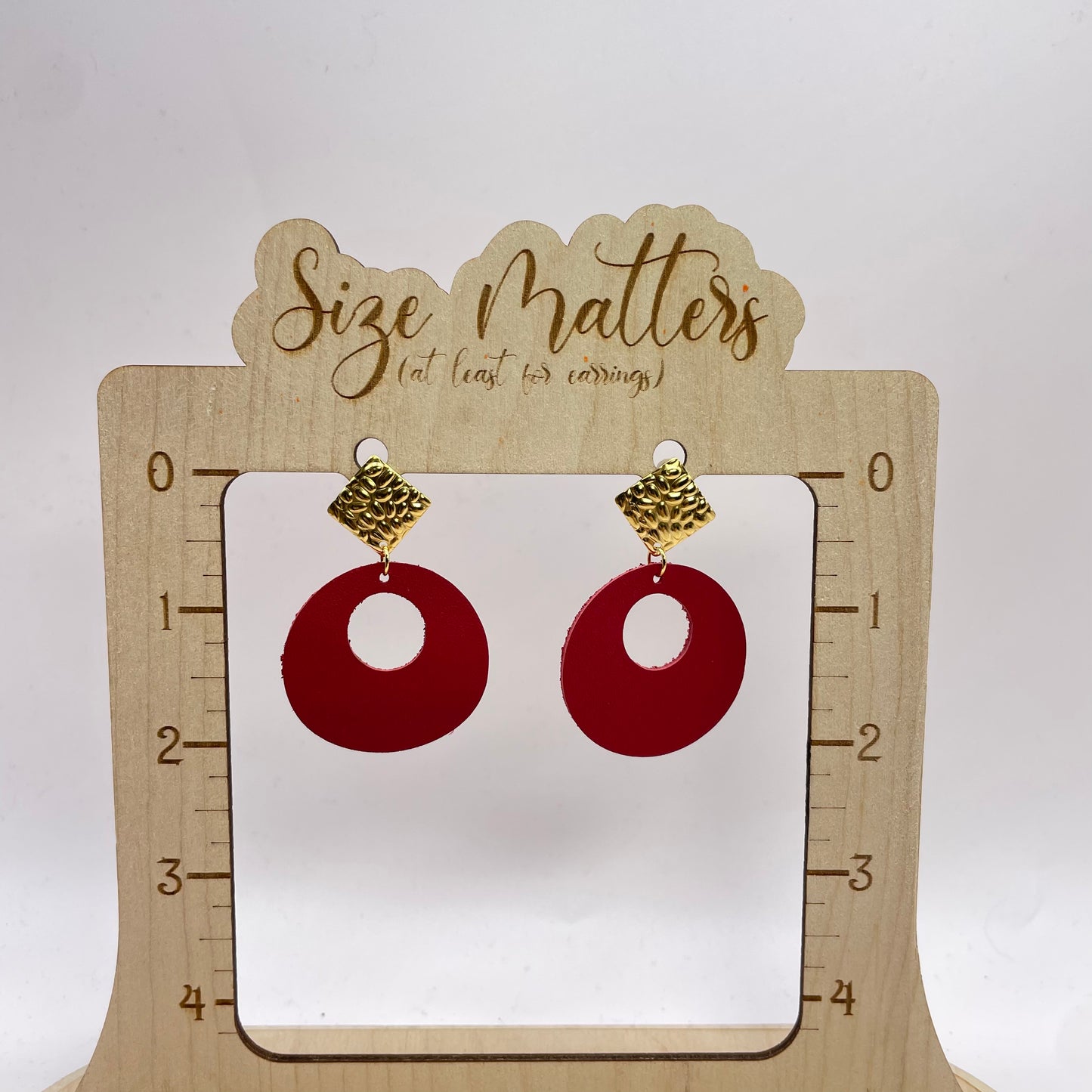 Red Leather w/ Gold Diamond Drop Dangle Earrings