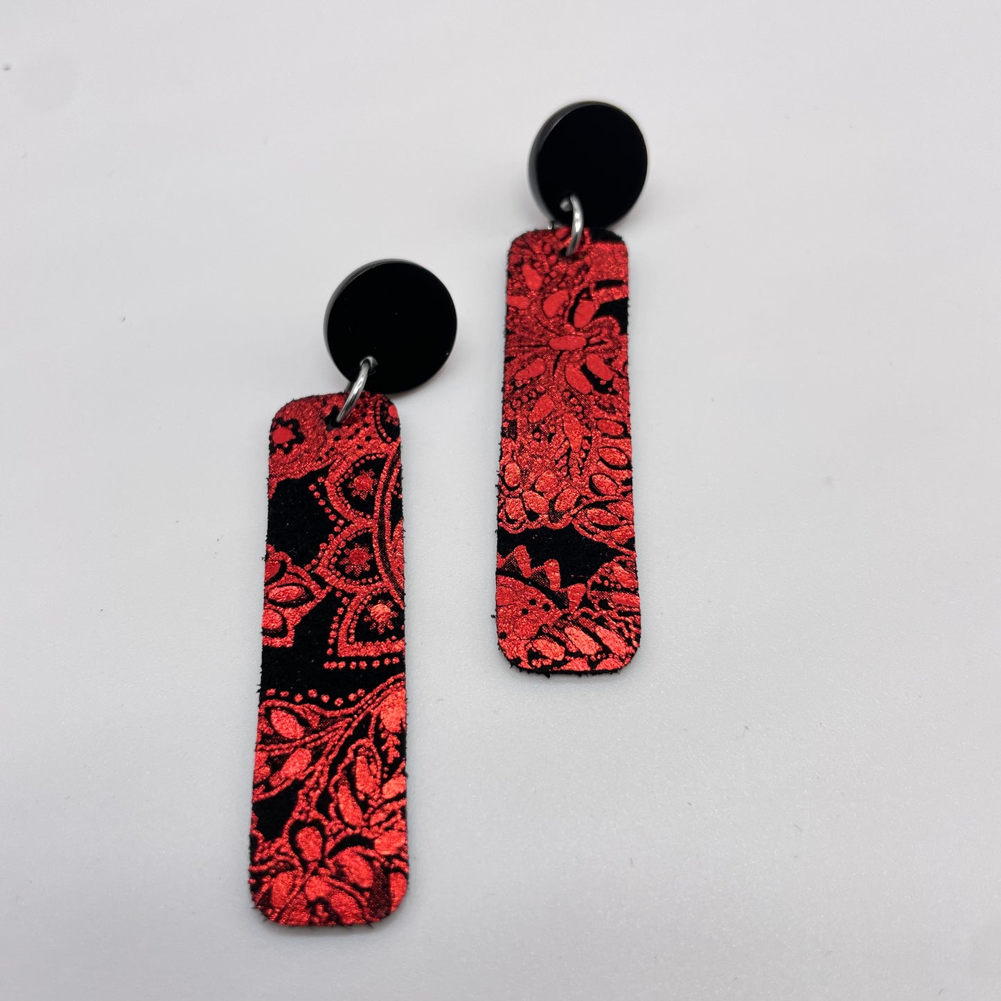 Red Foil Leather Stud Dangle Earrings