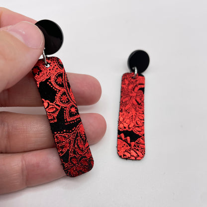 Red Foil Leather Stud Dangle Earrings