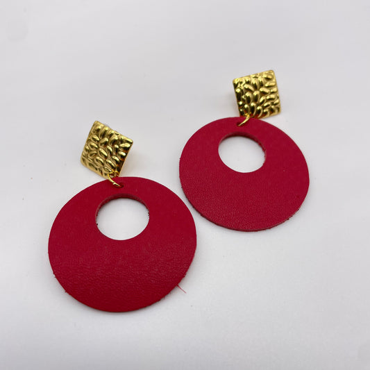 Red Leather w/ Gold Diamond Drop Dangle Earrings