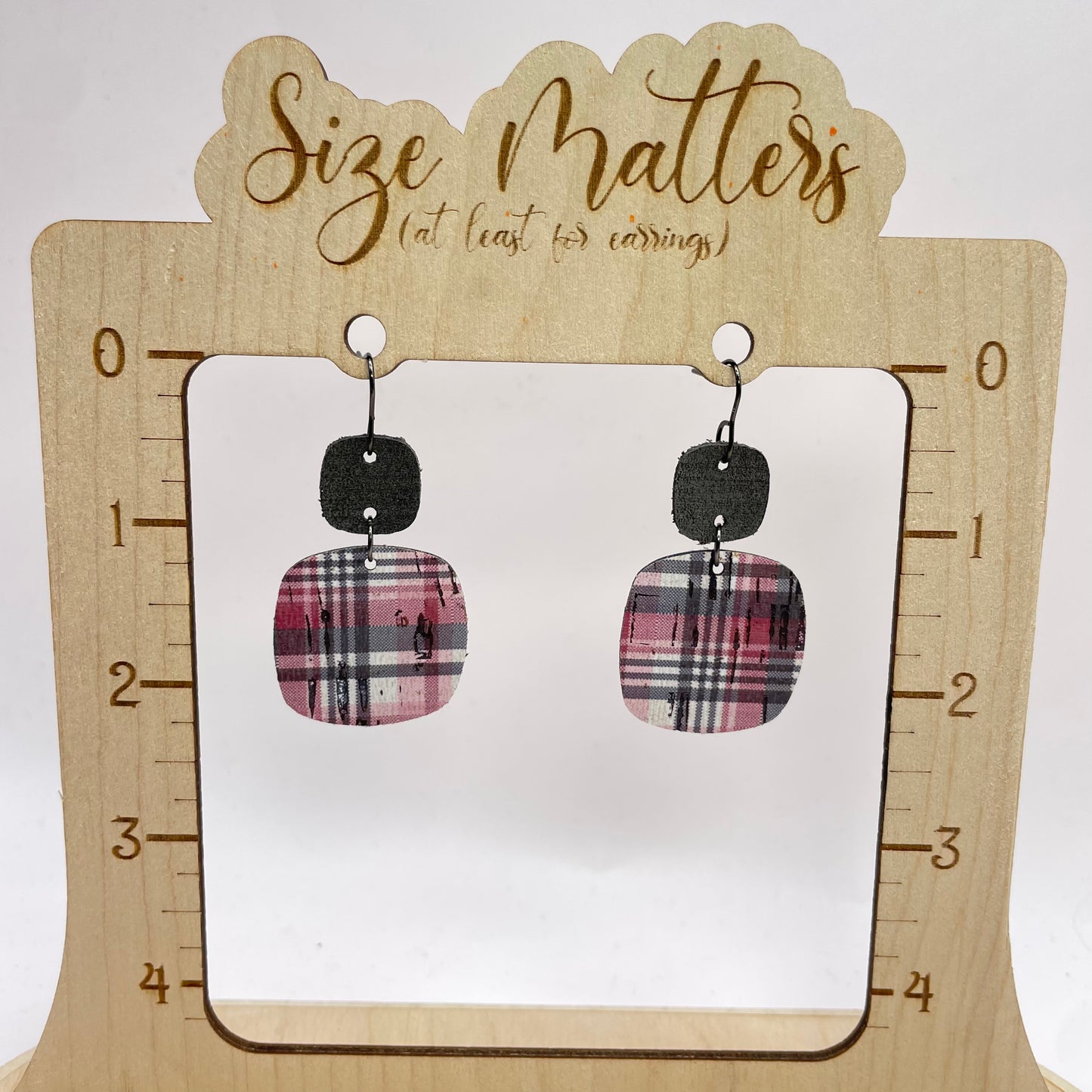 Pink/Gray Plaid Leather Drop Dangle Earrings