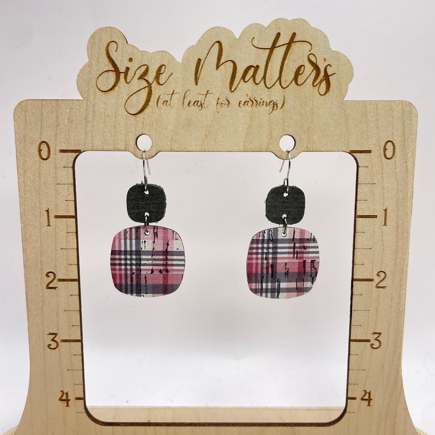 Pink/Gray Plaid Leather Drop Dangle Earrings