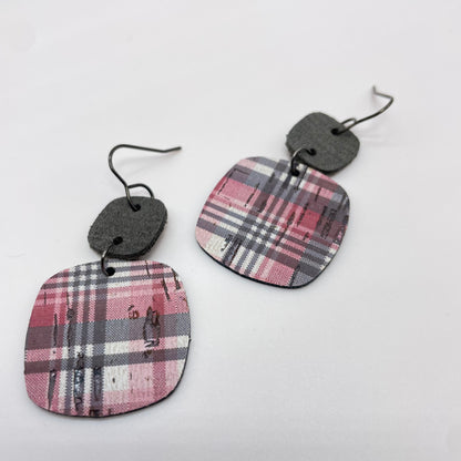 Pink/Gray Plaid Leather Drop Dangle Earrings