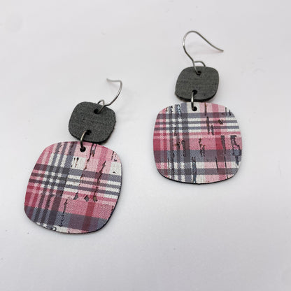 Pink/Gray Plaid Leather Drop Dangle Earrings