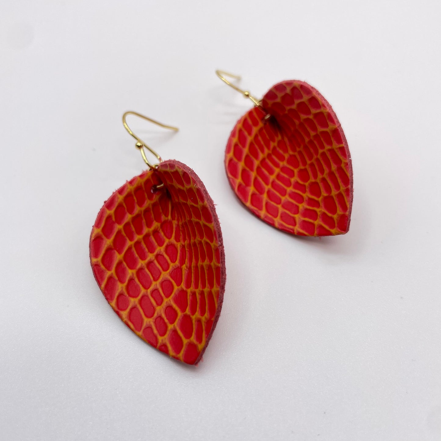 Red Snake Pinched Petal Leather Drop Dangle Earrings