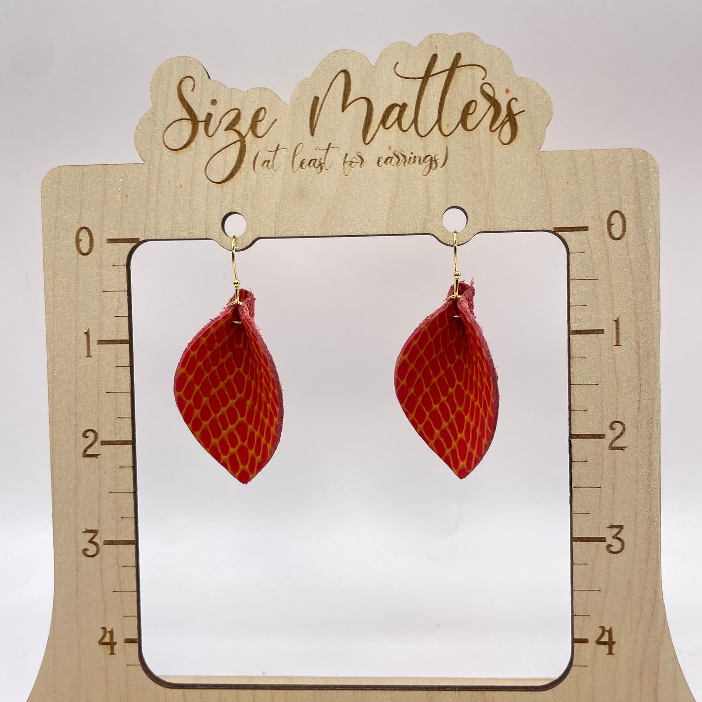 Red Snake Pinched Petal Leather Drop Dangle Earrings