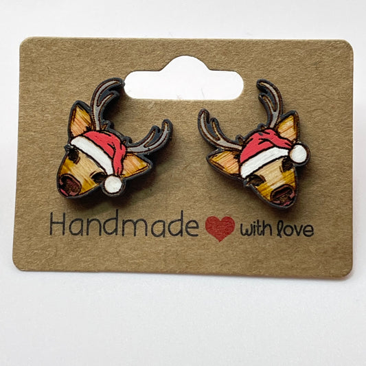 Reindeer with Santa Hat Stud Earrings