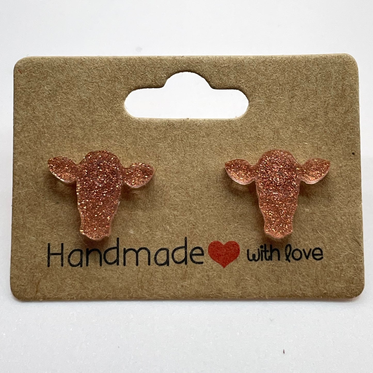 Rose Gold Glitter Acrylic Cow Head Stud Earrings