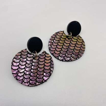 Shiny Mermaid Scales Leather Stud Dangle Earrings