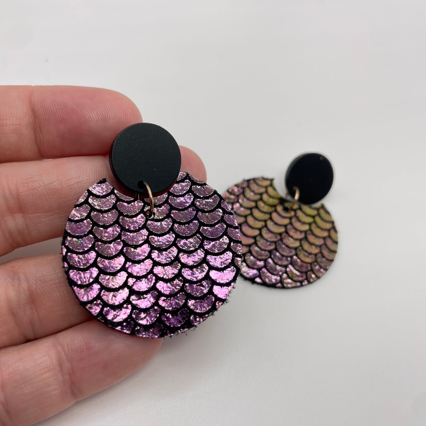 Shiny Mermaid Scales Leather Stud Dangle Earrings