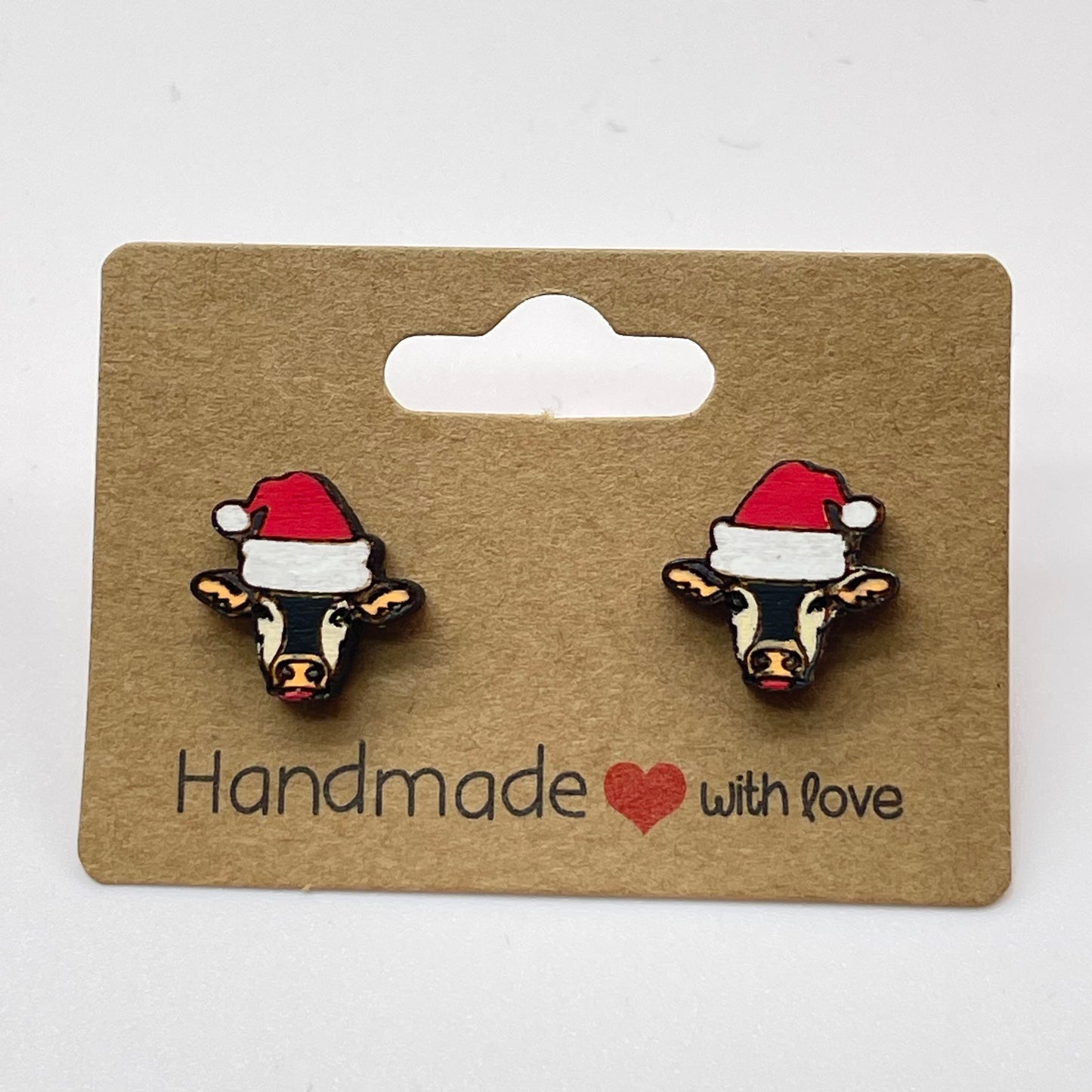 Small Cow with Santa Hat Stud Earrings