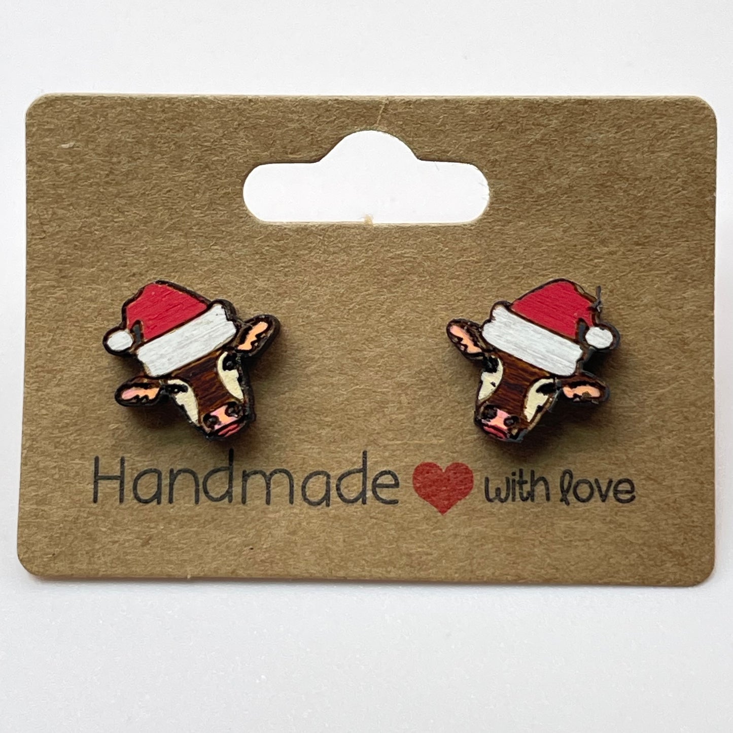 Small Cow with Santa Hat Stud Earrings