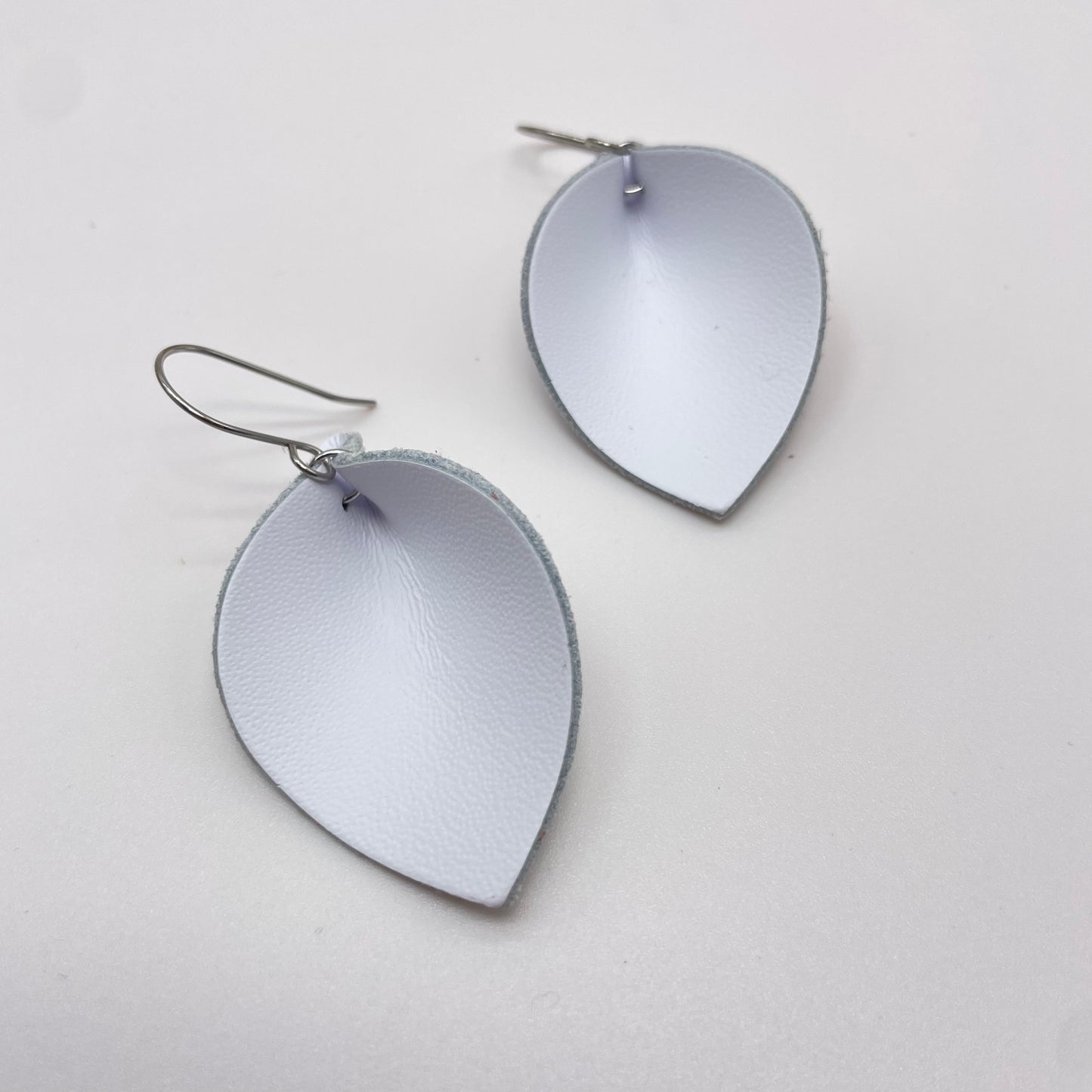 White Pinched Petal Leather Drop Dangle Earrings