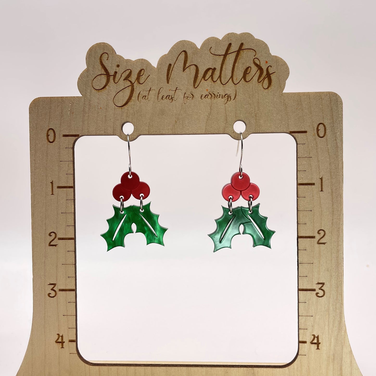 Acrylic Holly Leaves & Berries Drop Dangle Earrings