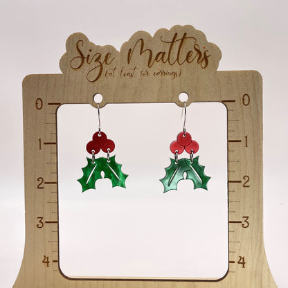 Acrylic Holly Leaves & Berries Drop Dangle Earrings