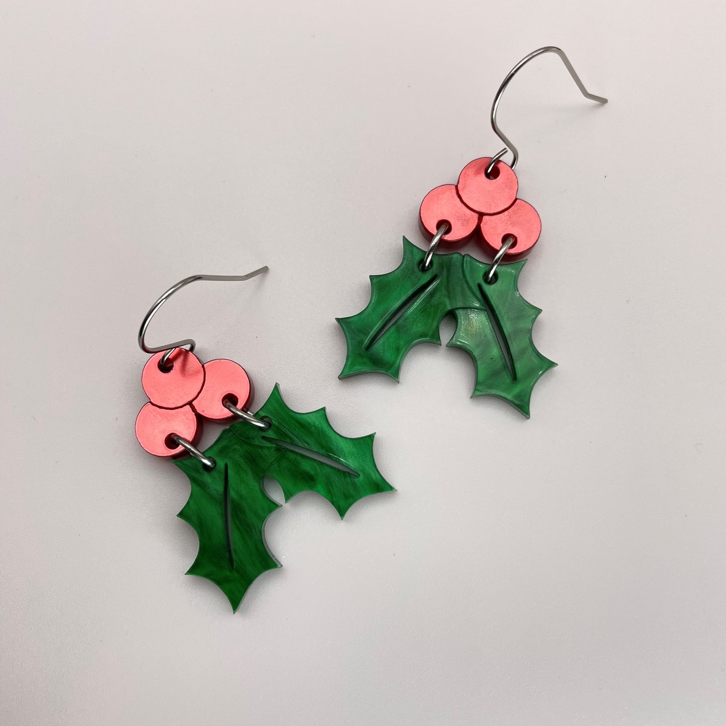 Acrylic Holly Leaves & Berries Drop Dangle Earrings