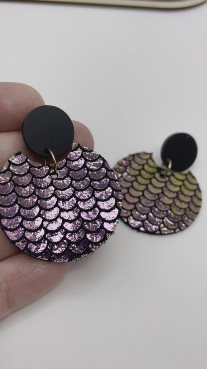 Shiny Mermaid Scales Leather Stud Dangle Earrings